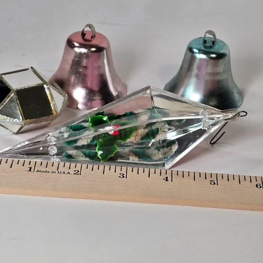 VTG Christmas Ornaments Lot Aluminum Bells Plastic Icicles Mirrored Ball 50s 60s